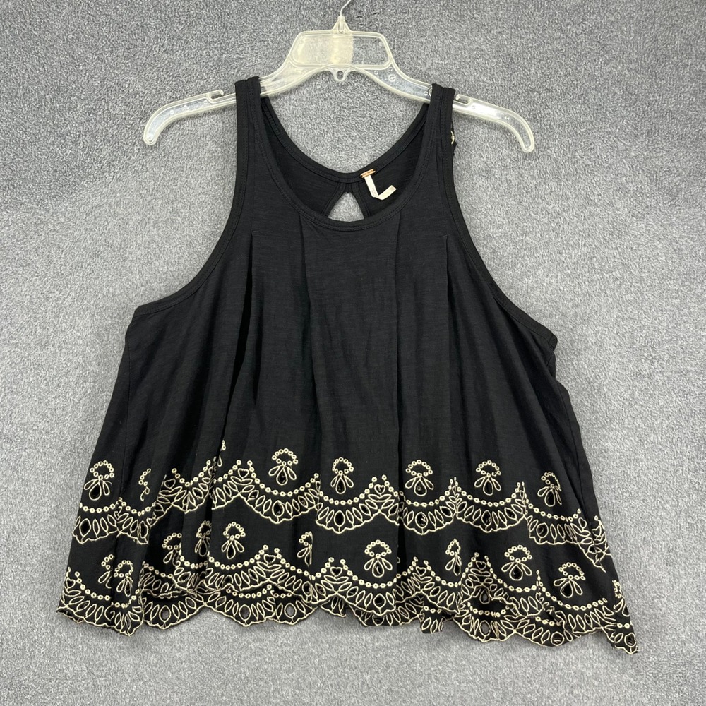 Free People Tank Top Womens XS Black Eyelet Scalloped Open Back Boho Swing Tank